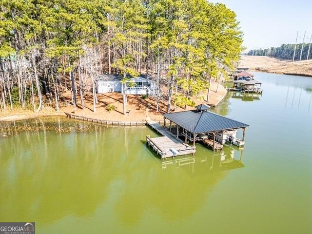 dock area with a water view and boat lift