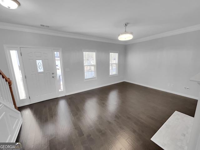 1235 Park Pass Way, Suwanee, GA 30024 - foyer entrance with ornamental molding, dark wood-style flooring, visible vents, and baseboards