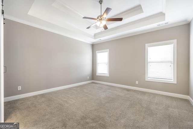 spare room with ornamental molding, a raised ceiling, ceiling fan, and baseboards