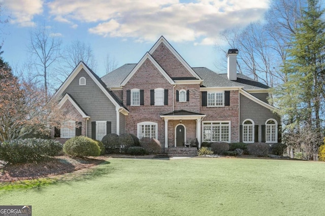 view of front facade with a front yard, brick siding, and a chimney