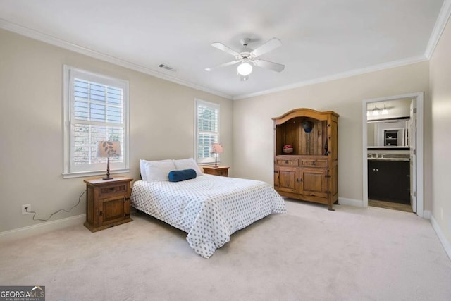 bedroom featuring crown molding, visible vents, light carpet, ceiling fan, and baseboards