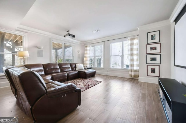 living room featuring crown molding, visible vents, and wood finished floors