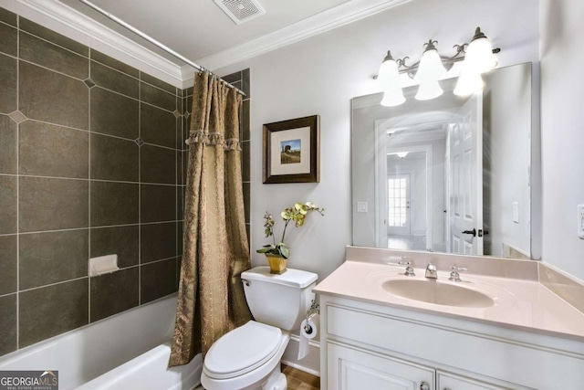 bathroom with visible vents, toilet, ornamental molding, shower / bath combo, and vanity