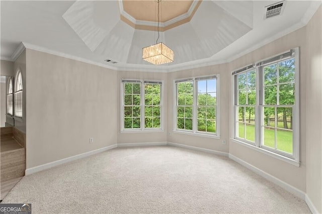unfurnished sunroom featuring a tray ceiling and visible vents