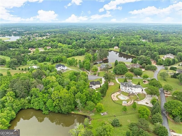 bird's eye view featuring a water view and a wooded view