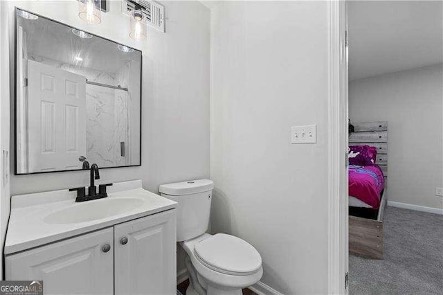 full bath with walk in shower, vanity, toilet, and baseboards