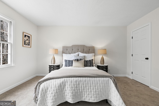 bedroom with carpet floors, multiple windows, and baseboards