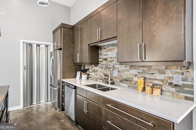 kitchen featuring stainless steel appliances, visible vents, a sink, and dark brown cabinetry