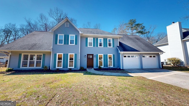 view of front of home with a front lawn, roof with shingles, driveway, and an attached garage