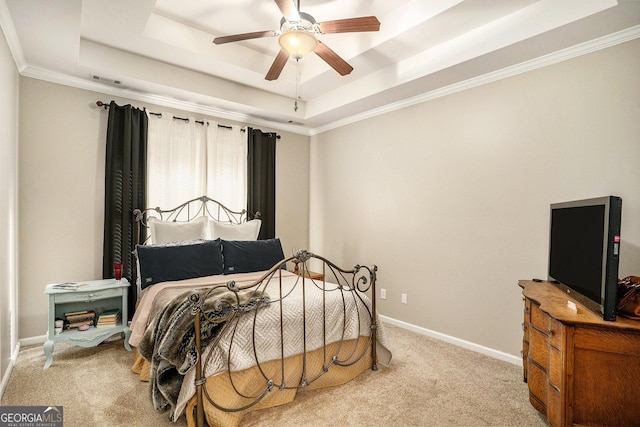 8000 Abington Dr, Locust Grove, GA 30248 - bedroom with a tray ceiling, carpet floors, baseboards, ornamental molding, and ceiling fan
