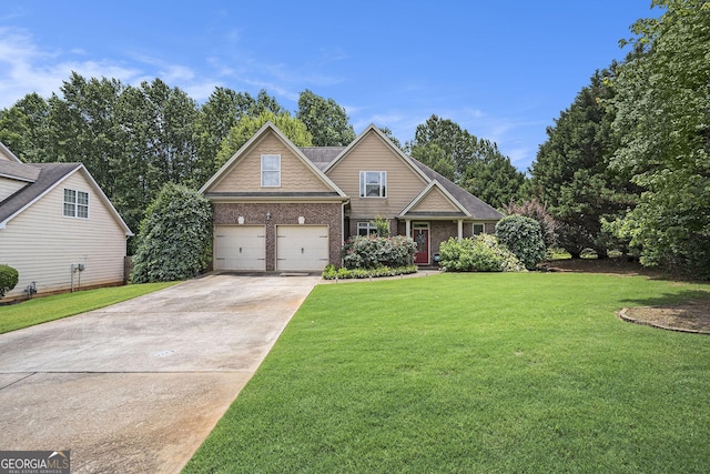 8000 Abington Dr, Locust Grove, GA 30248 - view of front facade featuring driveway, a garage, brick siding, and a front yard