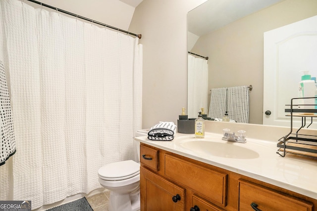8000 Abington Dr, Locust Grove, GA 30248 - full bathroom featuring vanity, toilet, tile patterned flooring, and a shower with curtain
