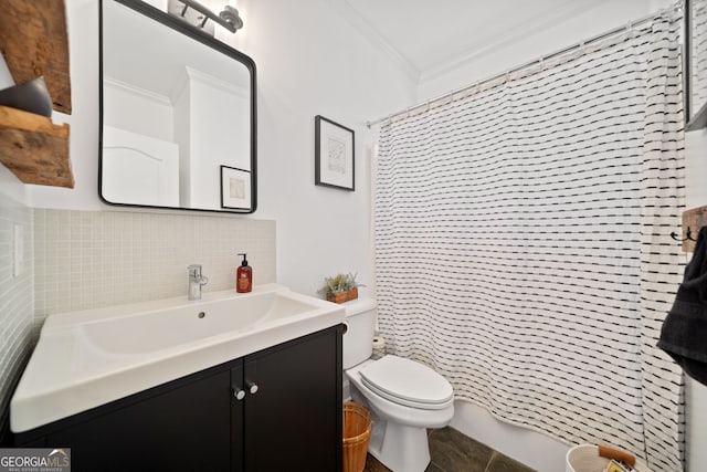 full bathroom with toilet, ornamental molding, backsplash, and vanity