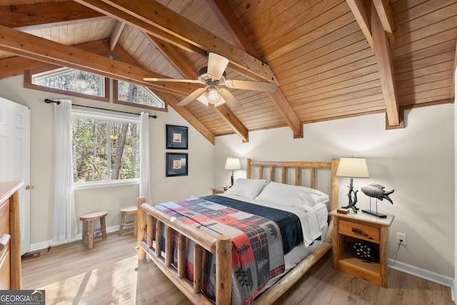 bedroom with lofted ceiling with beams, wooden ceiling, baseboards, and wood finished floors