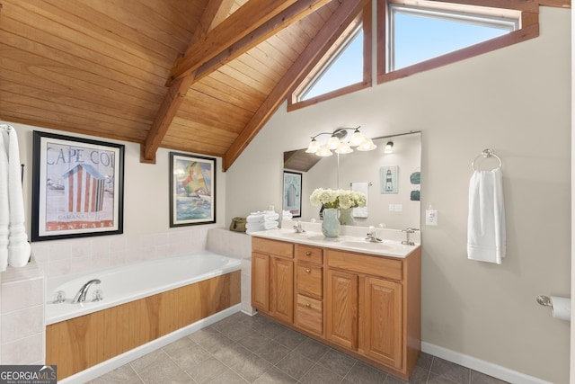 full bath featuring double vanity, lofted ceiling with beams, a bath, wood ceiling, and a sink