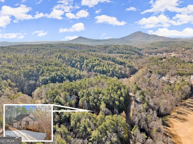 aerial view with a mountain view and a view of trees