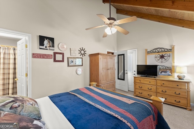 bedroom with a ceiling fan, high vaulted ceiling, beamed ceiling, and light colored carpet