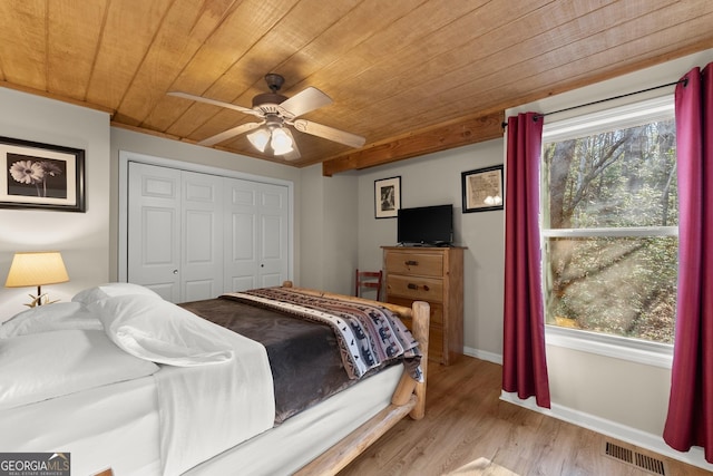 bedroom with light wood-style flooring, wood ceiling, visible vents, baseboards, and a closet