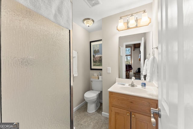 full bathroom with visible vents, toilet, ensuite bath, tile patterned floors, and vanity