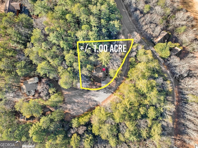 drone / aerial view with a wooded view