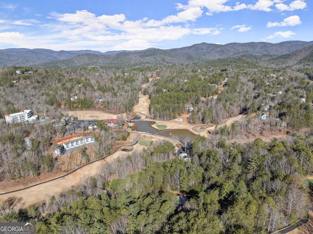 bird's eye view featuring a mountain view and a wooded view