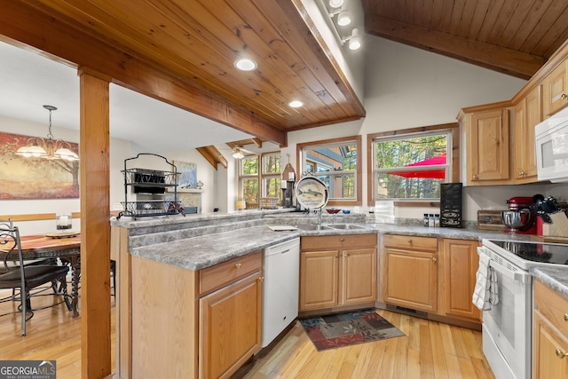 kitchen featuring vaulted ceiling with beams, a peninsula, white appliances, wood ceiling, and light wood-type flooring
