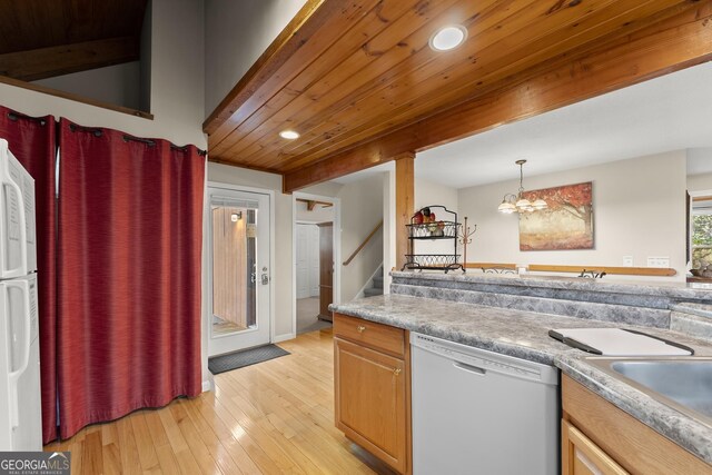 kitchen featuring dishwasher, wooden ceiling, decorative light fixtures, light wood-type flooring, and a chandelier