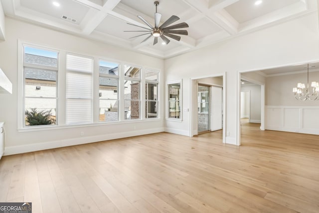 unfurnished sunroom with ceiling fan with notable chandelier, beamed ceiling, coffered ceiling, and visible vents