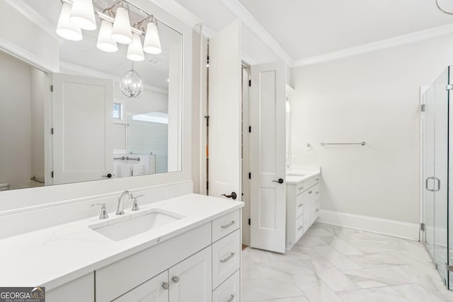 bathroom featuring a stall shower, baseboards, a sink, crown molding, and two vanities