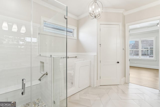 bathroom featuring a shower stall and crown molding