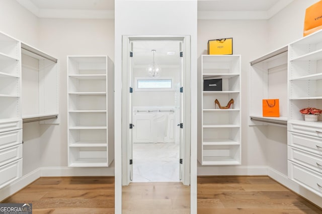 walk in closet with light wood-style flooring and a chandelier