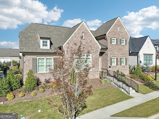 view of front of property with roof with shingles, a front yard, and brick siding