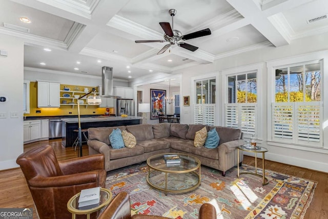 living room with visible vents, coffered ceiling, wood finished floors, and beamed ceiling