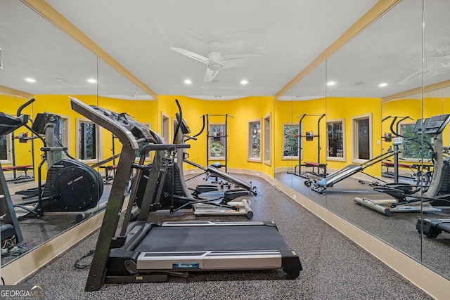 gym featuring recessed lighting, ceiling fan, and baseboards