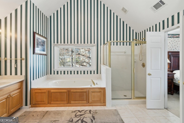 ensuite bathroom with wallpapered walls, visible vents, connected bathroom, and a stall shower