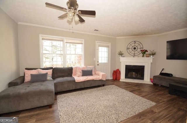 living room with ornamental molding, dark wood-style flooring, a fireplace, and a textured ceiling