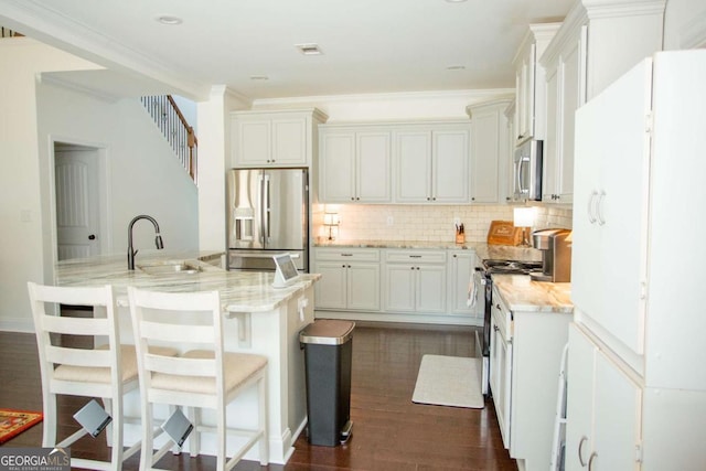 kitchen with dark wood finished floors, backsplash, appliances with stainless steel finishes, ornamental molding, and a sink