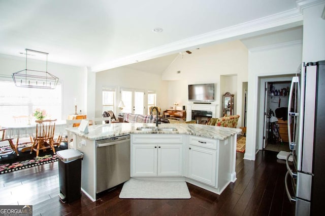 kitchen with appliances with stainless steel finishes, open floor plan, dark wood-style flooring, a fireplace, and a sink