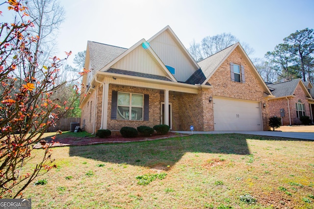 view of front of property with a garage, brick siding, driveway, roof with shingles, and a front lawn