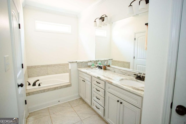 full bathroom featuring a garden tub, double vanity, a sink, and crown molding