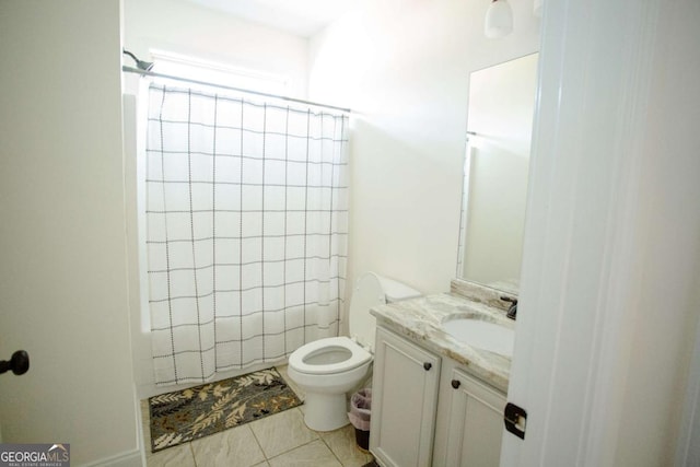 full bath featuring curtained shower, tile patterned flooring, vanity, and toilet