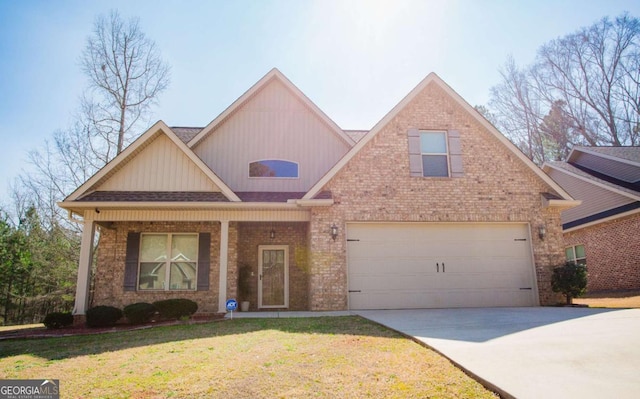 traditional home featuring a front yard, brick siding, and driveway