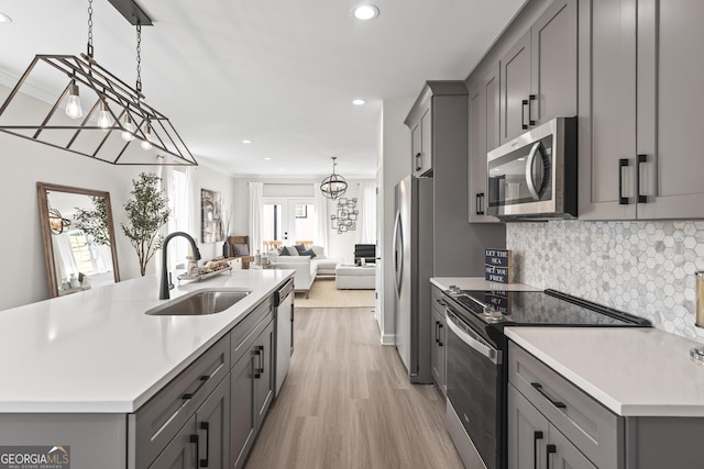 kitchen with appliances with stainless steel finishes, open floor plan, a sink, and gray cabinetry