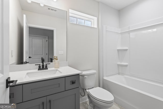 full bathroom featuring shower / bath combination, visible vents, toilet, vanity, and baseboards