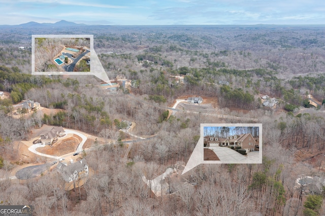 birds eye view of property with a forest view and a mountain view