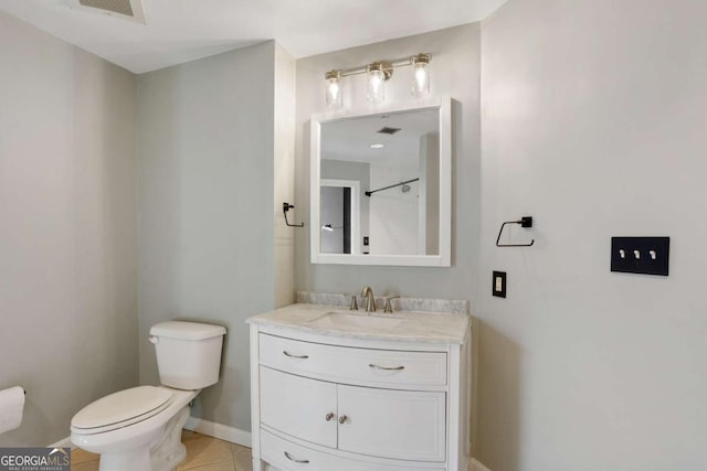 full bathroom featuring baseboards, visible vents, toilet, tile patterned floors, and vanity