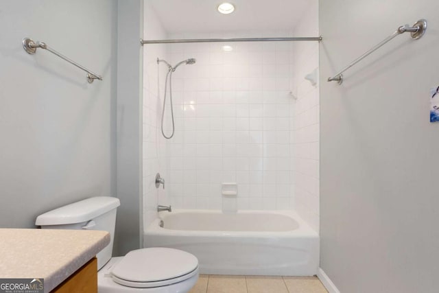 full bath with toilet, vanity, tile patterned floors, shower / bathtub combination, and recessed lighting