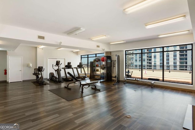 exercise room featuring visible vents and wood finished floors