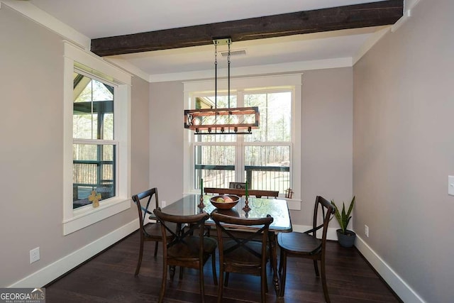 dining space with a healthy amount of sunlight, dark wood-style floors, baseboards, and beamed ceiling