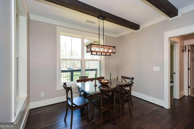 dining area with dark wood-style floors, beamed ceiling, visible vents, and baseboards